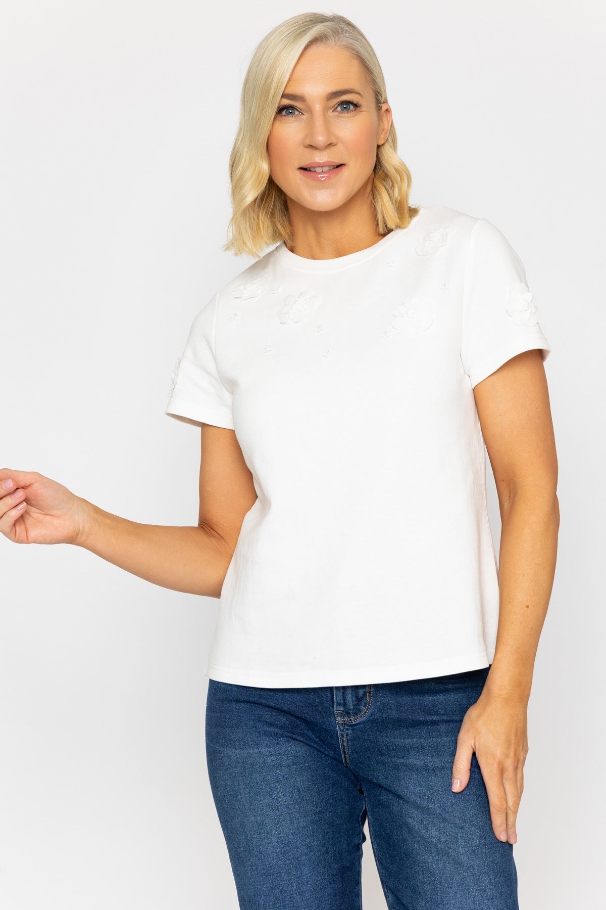 Ecru Embellished Short Sleeve Knitted Top