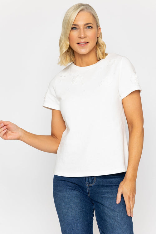 Ecru Embellished Short Sleeve Knitted Top