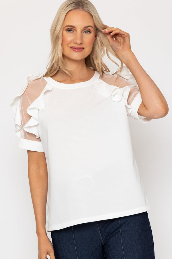 Carraig Donn Ecru Ruffle Mesh Sleeve Top
