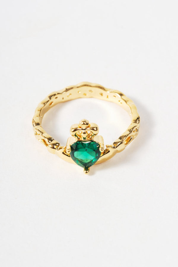 Carraig Donn Emerald Stone Gold Claddagh Ring - Size 7