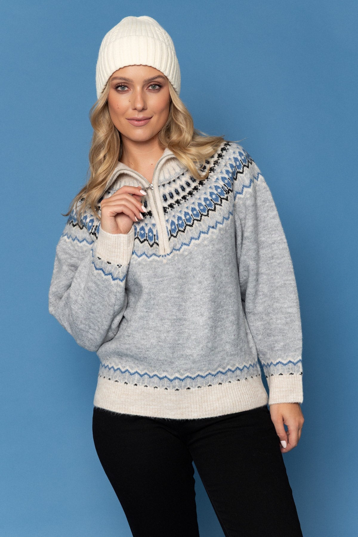 Fair Isle Half-Zip Knit Jumper in Grey