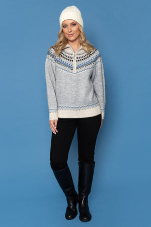 Carraig Donn Fair Isle Half-Zip Knit Jumper in Grey