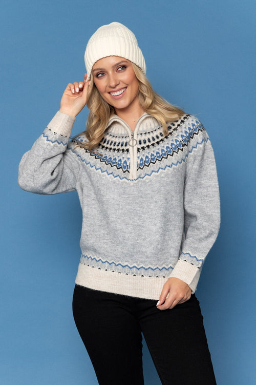 Carraig Donn Fair Isle Half-Zip Knit Jumper in Grey