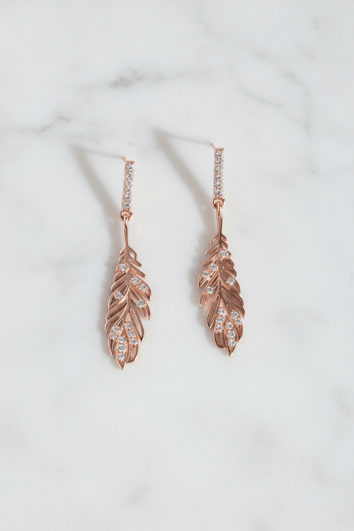 Feather Drop Earrings In Rose Gold