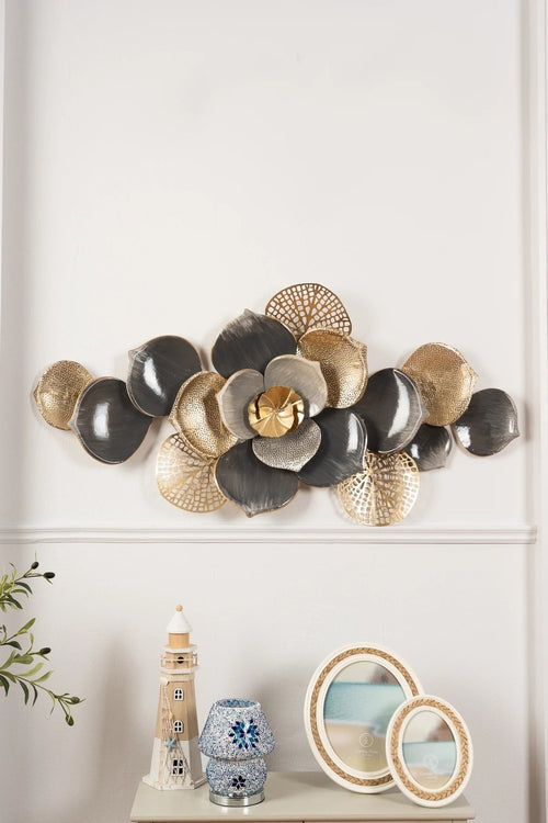 Floral Spray Wall Art in Gold & Grey Metal Finish