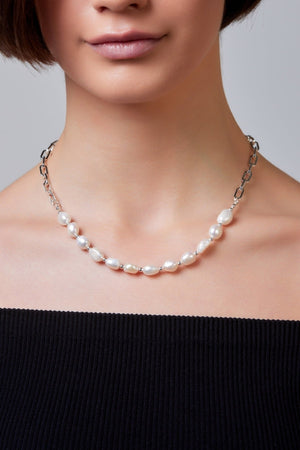 Freshwater Pearl & Paperclip Chain Necklace