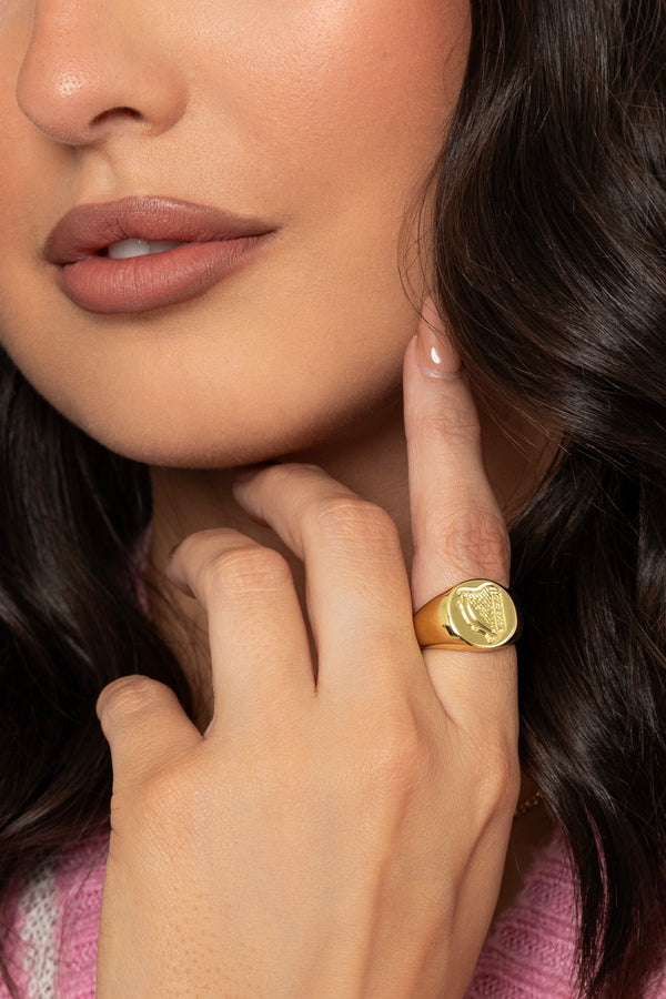 Carraig Donn Gold Harp Signet Ring - Size 8