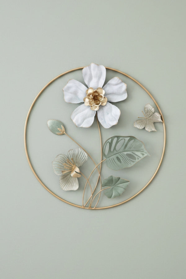 Carraig Donn Gold Metal Frame Wall Art with White Flower