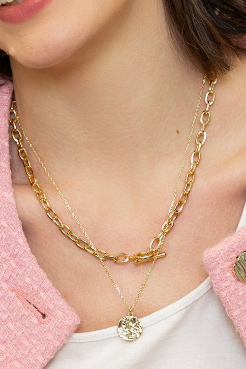 Gold T-Bar & Disc Necklace