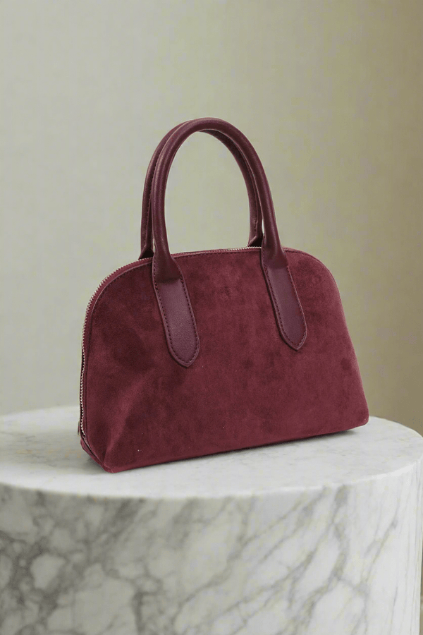 Carraig Donn Grab Handle Faux Suede Bag in Burgundy