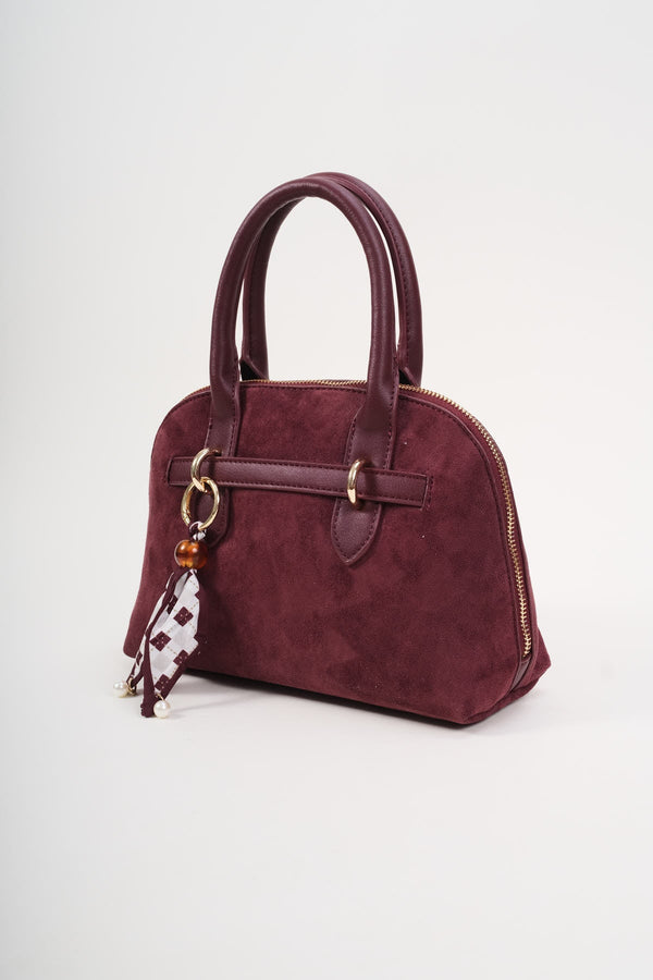 Carraig Donn Grab Handle Faux Suede Bag in Burgundy