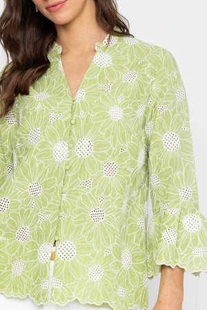 Carraig Donn Green Cotton Blouse with Floral Cutwork Embroidery