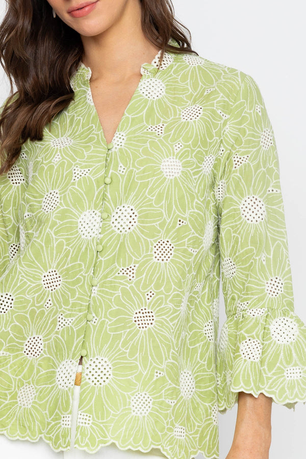 Carraig Donn Green Cotton Blouse with Floral Cutwork Embroidery