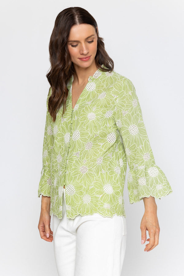 Carraig Donn Green Cotton Blouse with Floral Cutwork Embroidery