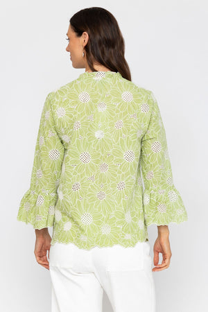 Carraig Donn Green Cotton Blouse with Floral Cutwork Embroidery
