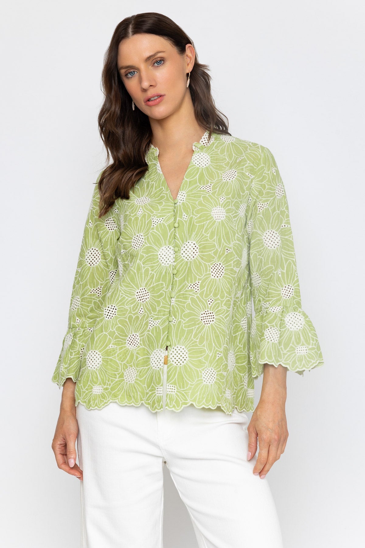 Green Cotton Floral Cutwork Embroidery Blouse