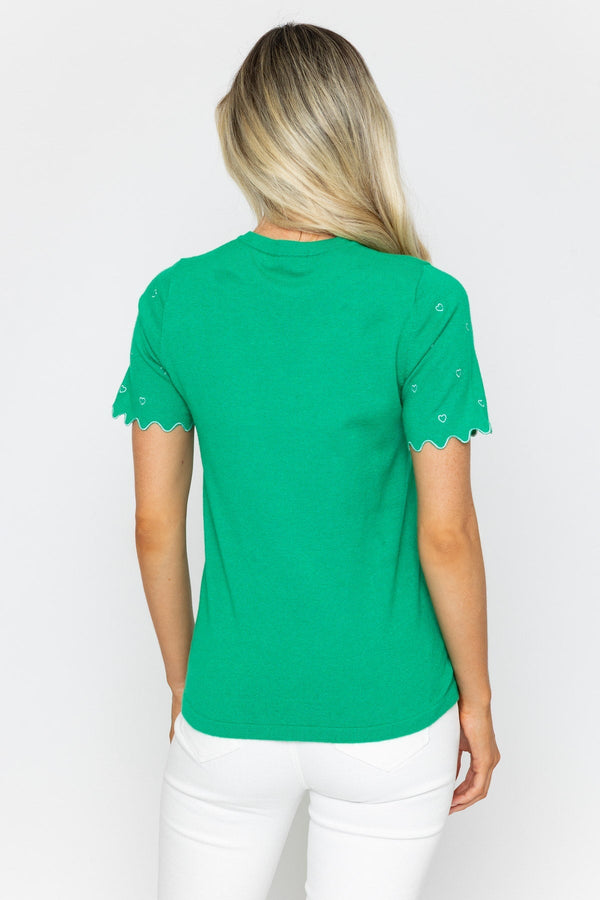 Carraig Donn Green Knit Top with Scalloped Sleeves and Heart Detail