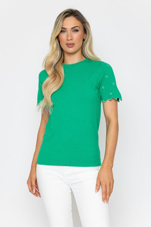 Carraig Donn Green Knit Top with Scalloped Sleeves and Heart Detail