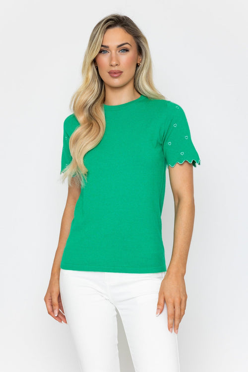 Green Knit Top with Scalloped Sleeves and Heart Detail