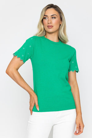 Carraig Donn Green Knit Top with Scalloped Sleeves and Heart Detail