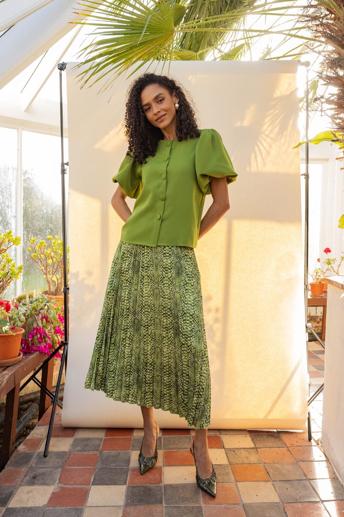 Green Print Pleated Midi Skirt