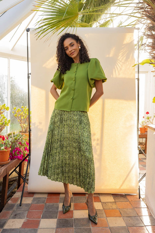 Green Print Pleated Midi Skirt