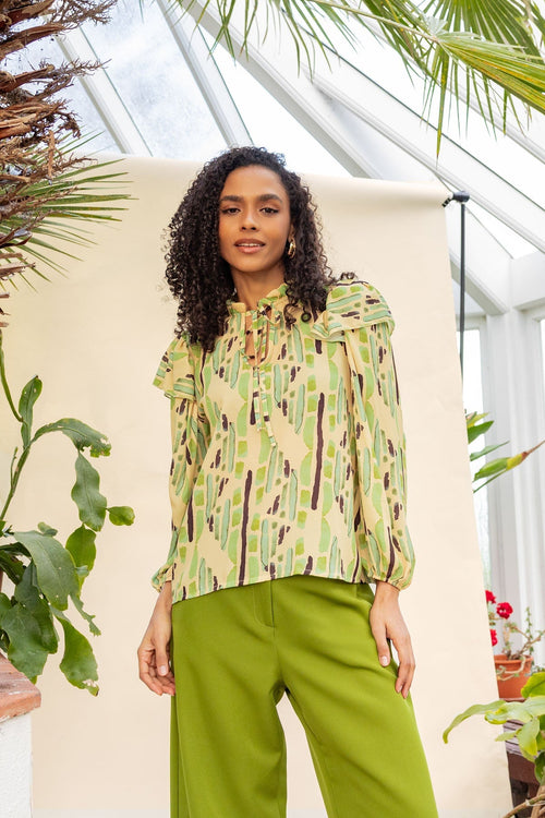 Green Print Tie Neck Blouse