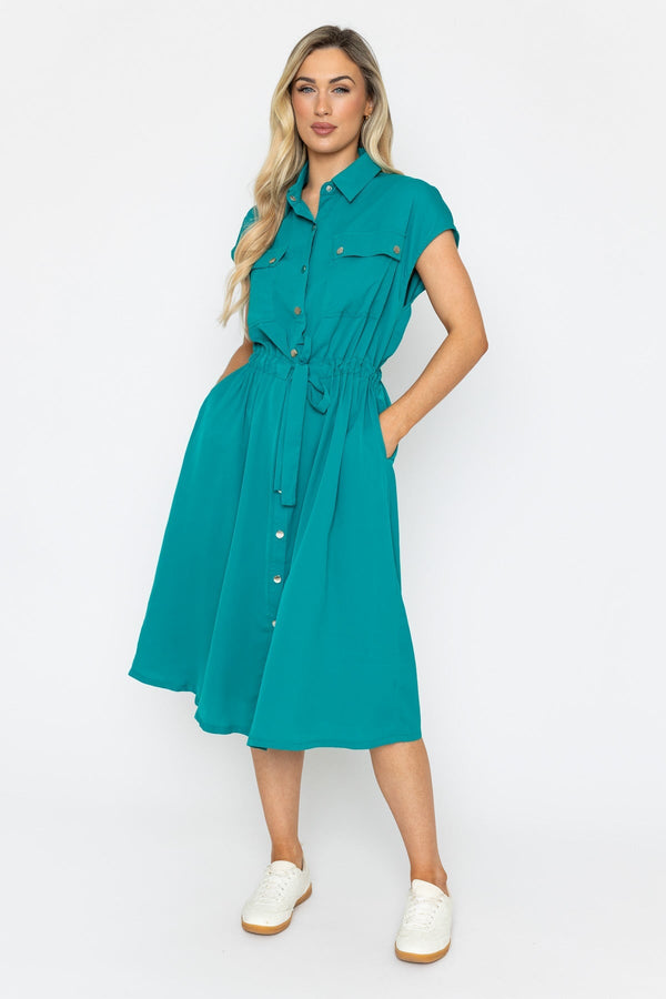 Green Short Sleeves Utility Midi Dress
