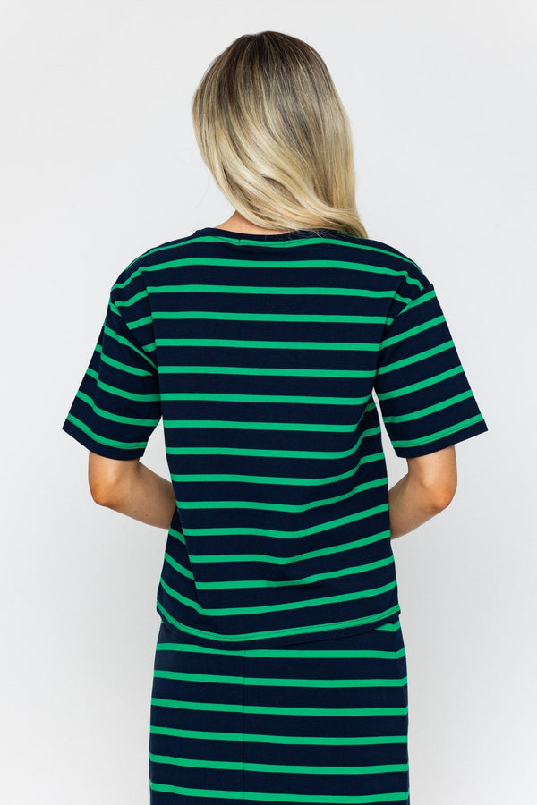 Carraig Donn Green Striped French Terry Cotton T-Shirt