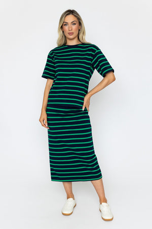 Carraig Donn Green Striped French Terry Cotton T-Shirt