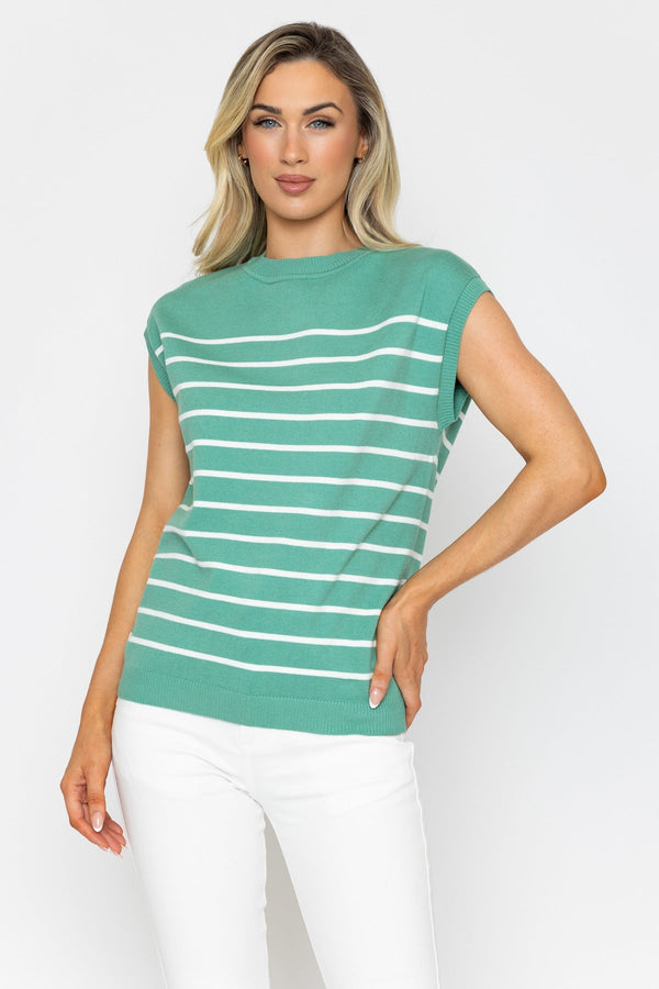Carraig Donn Green Striped Short Sleeve Knit Top