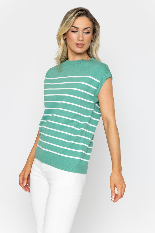 Carraig Donn Green Striped Short Sleeve Knit Top