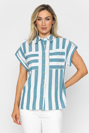 Carraig Donn Green & White Striped Short Sleeve Top