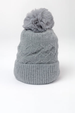 Grey Cable Knit Beanie with Pom