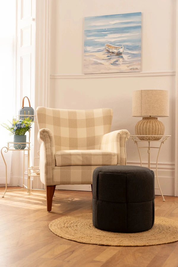 Carraig Donn Hampton Grey Checked Armchair with Wooden Legs