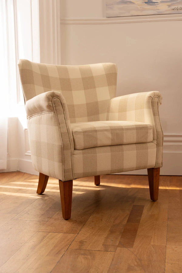 Carraig Donn Hampton Grey Checked Armchair with Wooden Legs