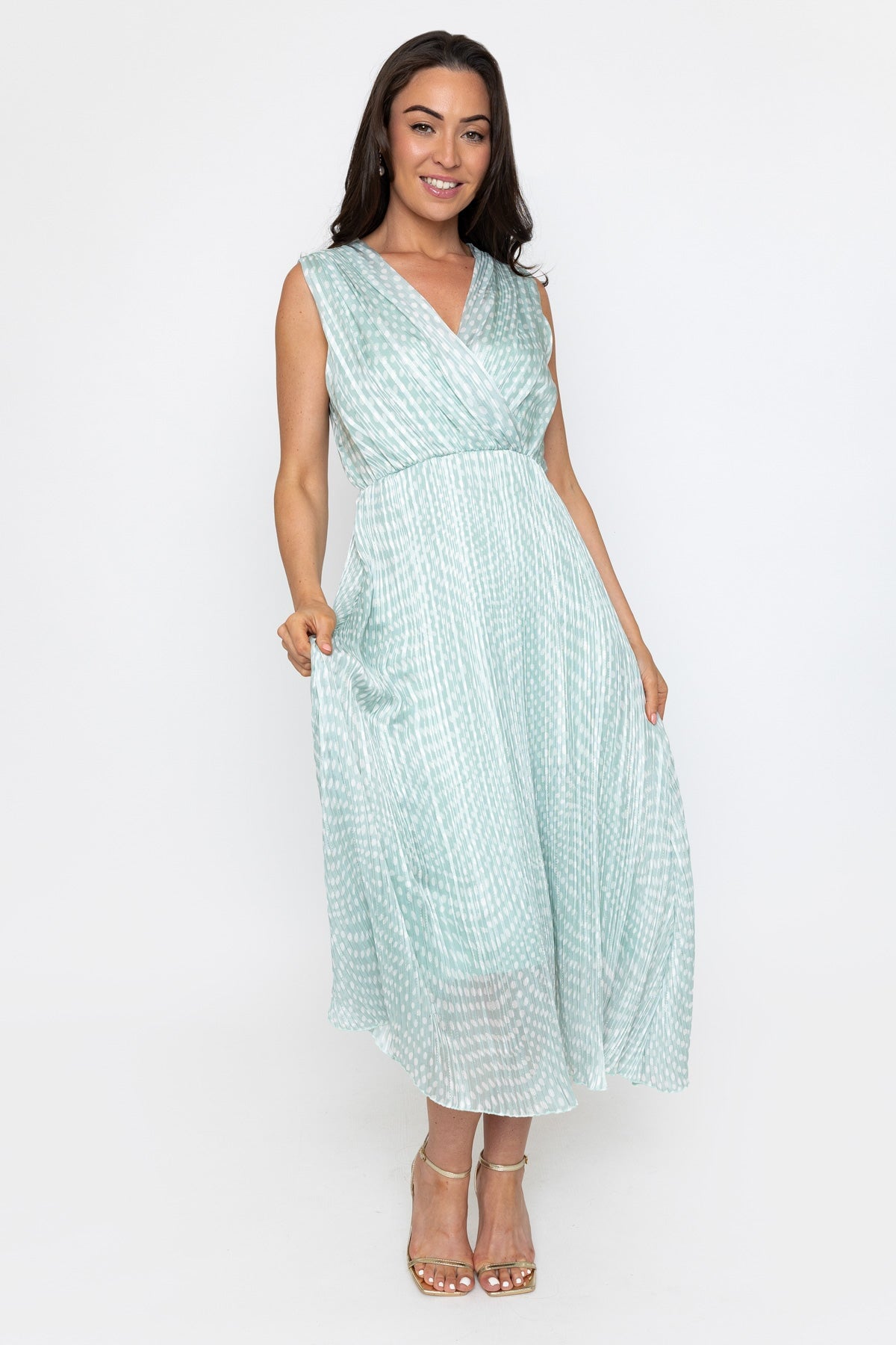 Hannah Green Print Sleeveless Midi Dress