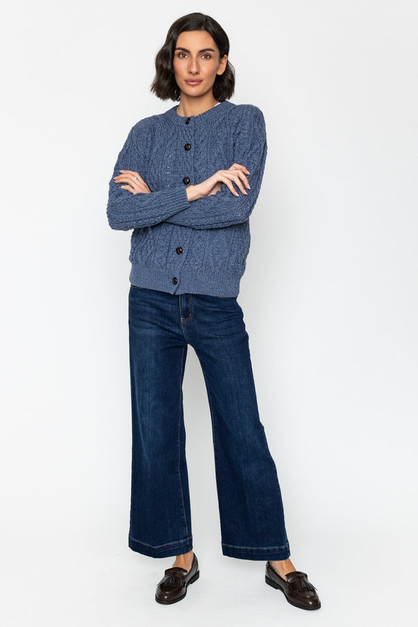 Carraig Donn Heritage Cable Knit Cardigan in Denim Blue