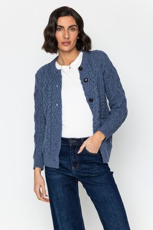 Carraig Donn Heritage Cable Knit Cardigan in Denim Blue