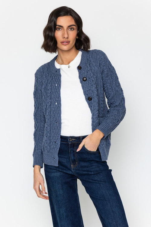 Heritage Cable Knit Cardigan in Denim Blue