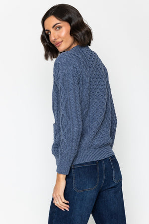 Carraig Donn Heritage Cable Knit Cardigan in Denim Blue