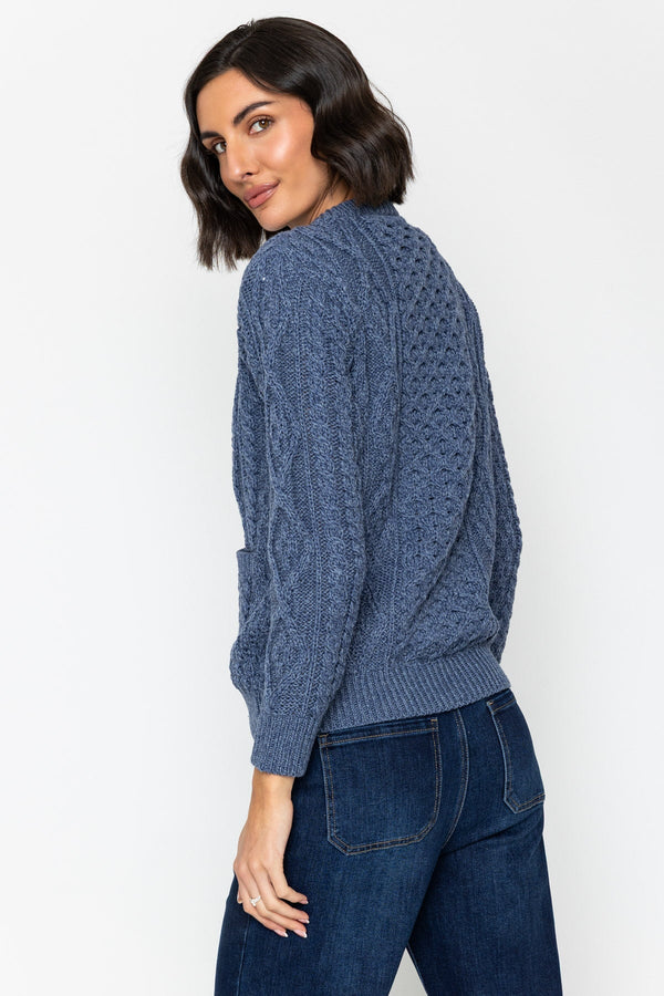 Carraig Donn Heritage Cable Knit Cardigan in Denim Blue
