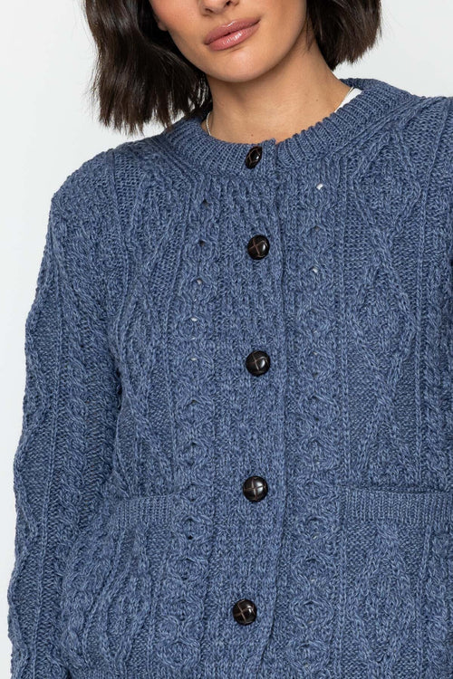 Carraig Donn Heritage Cable Knit Cardigan in Denim Blue