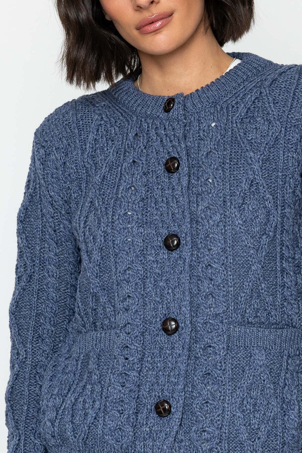 Carraig Donn Heritage Cable Knit Cardigan in Denim Blue