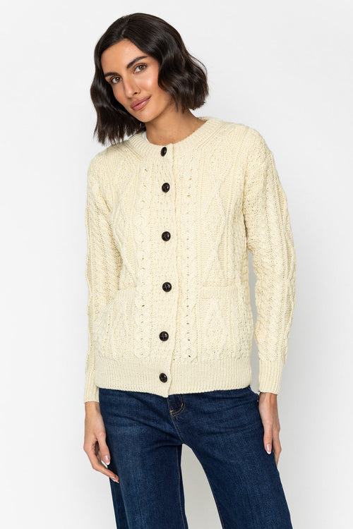 Heritage Cable Knit Cardigan in Ecru