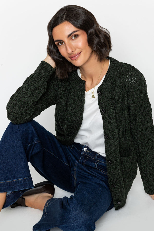 Carraig Donn Heritage Cable Knit Cardigan in Green