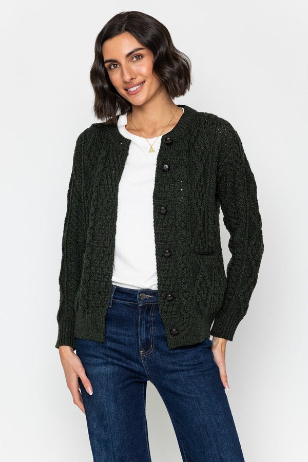 Carraig Donn Heritage Cable Knit Cardigan in Green