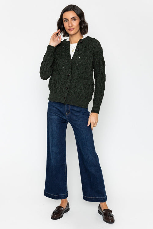 Carraig Donn Heritage Cable Knit Cardigan in Green