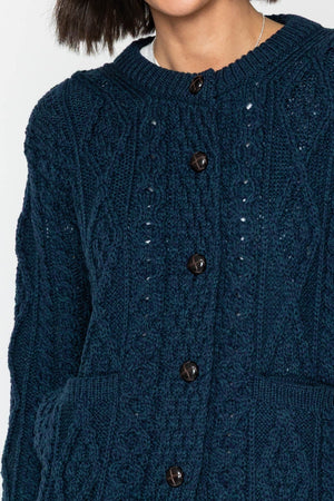 Carraig Donn Heritage Cable Knit Cardigan in Navy