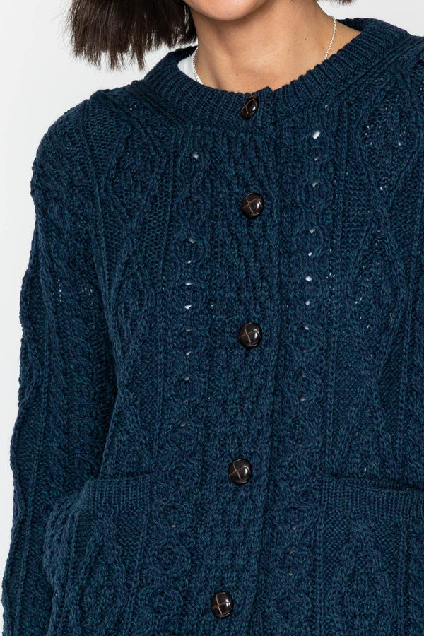 Carraig Donn Heritage Cable Knit Cardigan in Navy
